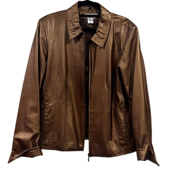 Coldwater Creek metallic leather bronze gold full zip jacket with pockets - Picture 3 of 9